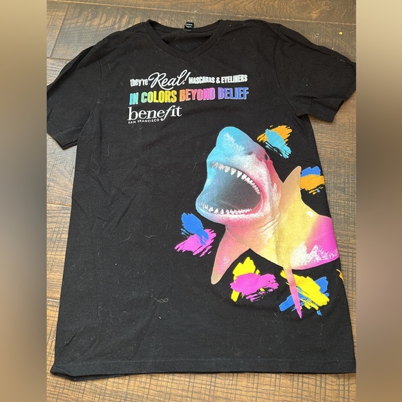 Benefit They’re Real Mascara Colorful Shark Shirt Womens size Medium - Picture 1 of 1